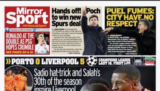 Liverpool forza cinque col Porto, il Mirror: "Mané e Salah ispirano"