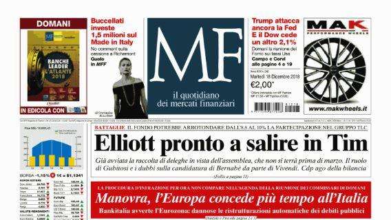 Milano Finanza in prima pagina: "Elliott pronto a salire in Tim"