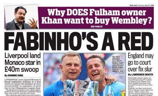 Liverpool, il Daily Mail in prima pagina: "Fabinho è un Red"