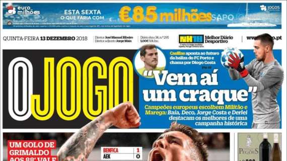 O Jogo, Benfica in Europa League: "Rendimento minimo garantito"