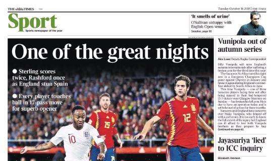 Spagna-Inghilterra 2-3, il Times titola: "Una notte meravigliosa"