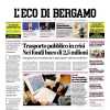L'Eco di Bergamo in apertura sulla Dea: “L’Atalanta prenota tre punti a Cremona”