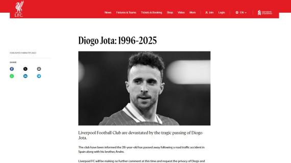 Comunicato Liverpool sulla scomparsa di Diogo Jota: "Devastati da questa tragica notizia"