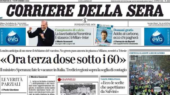 Corriere della Sera in taglio alto: "La Juve batte la Fiorentina. E stasera c'è Milan-Inter"