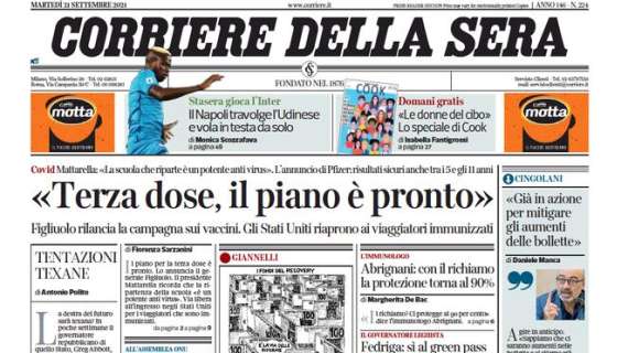 Il Corriere della Sera: "Il Napoli travolge l'Udinese e vola in testa da solo"