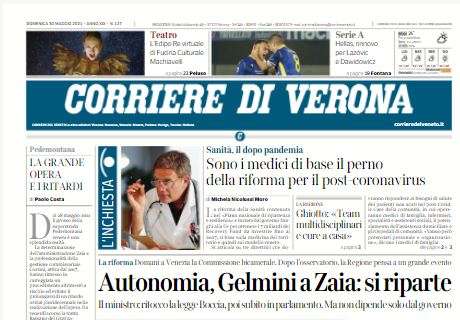 Corriere di Verona in taglio alto: "Hellas, rinnovo per Lazovic e Dawidowicz"