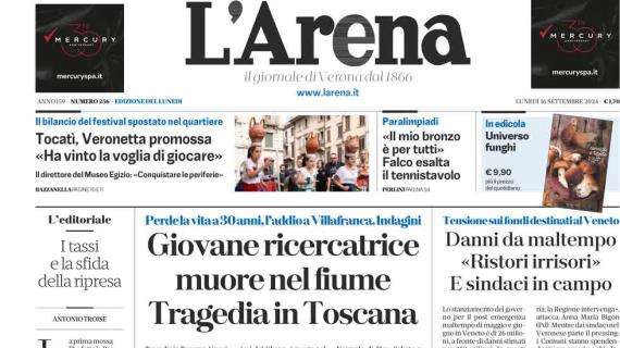 L'Arena in prima pagina sul Verona: "Trasferta all'Olimpico: oggi duello con la Lazio"