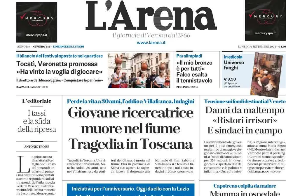 L'Arena in prima pagina sul Verona: "Trasferta all'Olimpico: oggi duello con la Lazio"