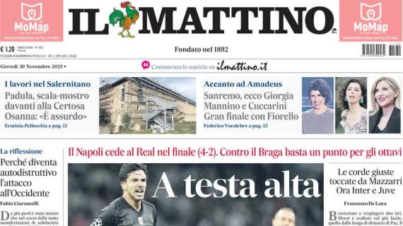 Il Mattino in prima pagina apre con il ko del Napoli al Bernabeu: "A testa alta"