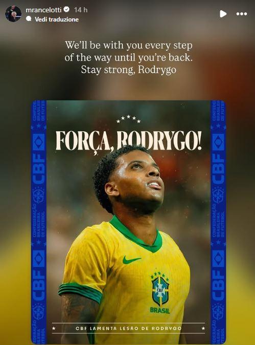 Brasile, il ct Ancelotti rincuora Rodrygo: "Ti saremo vicini in ogni passo fino al tuo rientro"