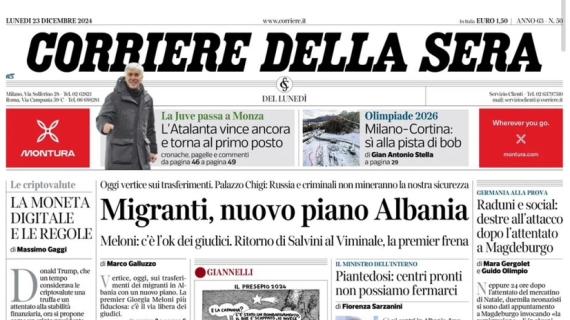 Corriere della Sera in prima pagina: "L'Atalanta vince ancora e torna al primo posto" 