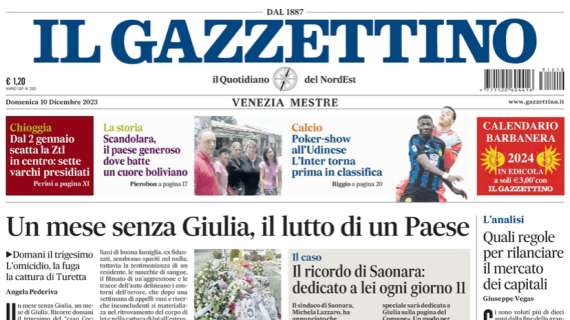 Il Gazzettino in taglio alto: "Poker show all'Udinese. L'Inter torna prima in classifica"