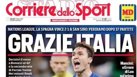 L'apertura del Corriere dello Sport: "Grazie Italia". Azzurri k.o. dopo 37 partite