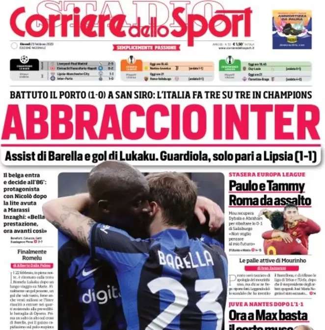 L’apertura odierna del Corriere dello Sport dopo l’1-0 nerazzurro al Porto: “Abbraccio Inter”