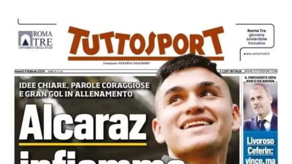 Il titolo di Tuttosport in apertura: "Alcaraz infiamma la Juve"
