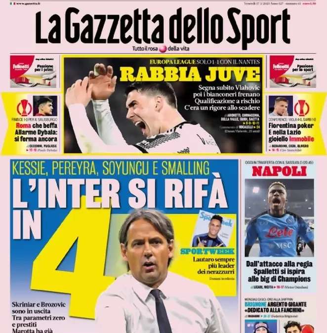 L’apertura odierna de La Gazzetta dello Sport sul mercato nerazzurro: “L’Inter si rifà in 4”