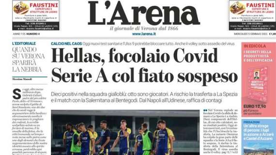 L'Arena in apertura: "Hellas, focolaio Covid: Serie A col fiato sospeso"