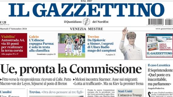 Il Gazzettino in prima pagina: "Espugnata Parma, Udinese sola in testa alla classifica"