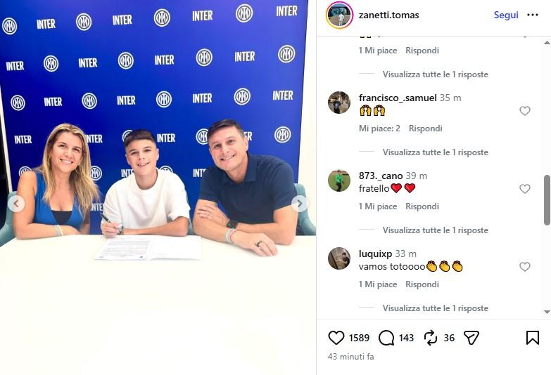 Un altro Zanetti nell'Inter. Tomas, figlio di Javier, giocherà nell'Under 15