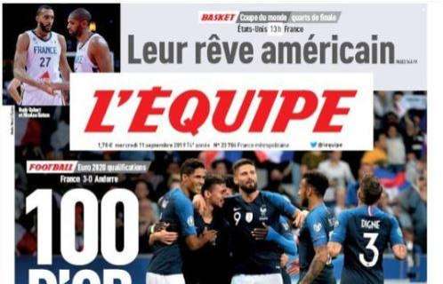 La prima pagina de L'Equipe: "100 d'oro" allo Stade de France