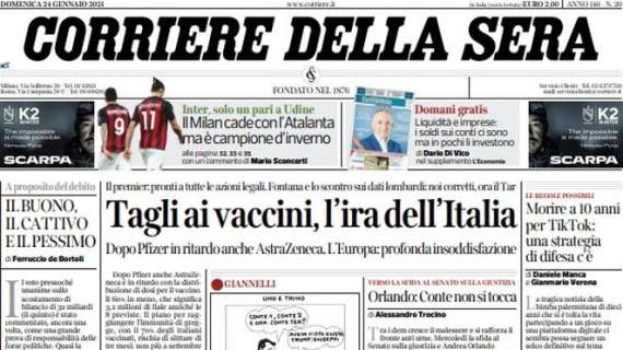 Corriere della Sera in taglio alto: "Il Milan cade con l'Atalanta, ma è campione d'inverno"