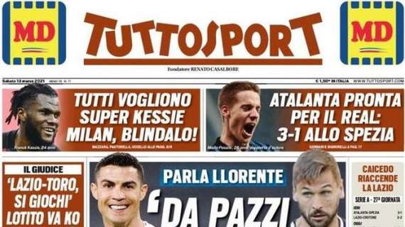 L'apertura di Tuttosport con le parole di Llorente: "Da pazzi criticare CR7"