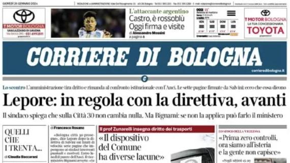 Corriere di Bologna in prima pagina: "Castro è rossoblù: oggi le visite e le firme"