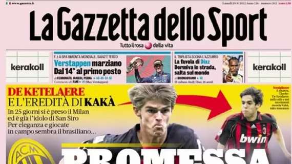 L’apertura odierna de La Gazzetta dello Sport su Charles De Ketelaere: “Promessa d’oro”