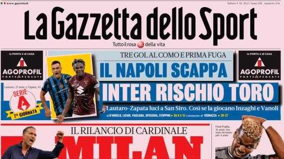 La Gazzetta dello Sport in apertura col rilancio di Cardinale: "Milan resti mio"