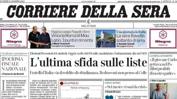 Il Corriere della Sera in apertura stamani: “Vince la Roma di Mou. Lazio, 3 punti in rimonta”