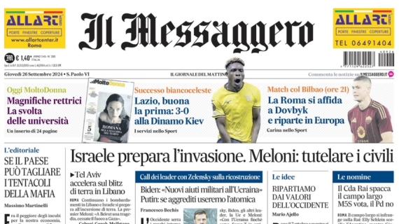 Il Messaggero in prima pagina: "Lazio, buona la prima: 3-0 alla Dinamo Kiev" 