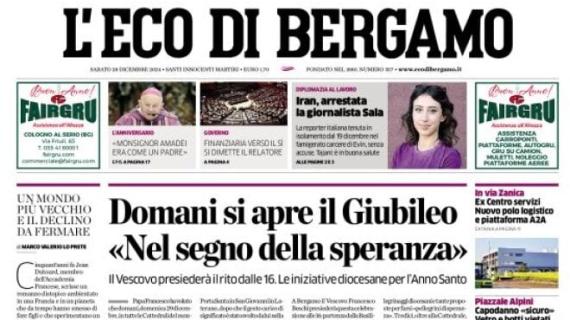 L'Eco di Bergamo stamani: "Atalanta a Roma per chiudere il 2024 in vetta"