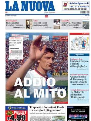 La Nuova Sardegna apre con la morte del leggendario Gigi Riva: "Addio al mito"