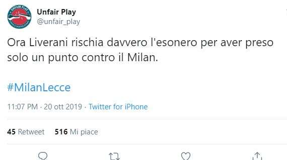 Guarda che tweet! Dopo Milan-Lecce: "Ora Liverani rischia"