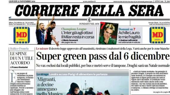Il Corriere della Sera in apertura stamani: “L’Inter già agli ottavi, il Milan resta in corsa”