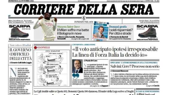 Corriere della Sera in taglio alto: "Il Milan soffre ma batte il Bologna in nove"