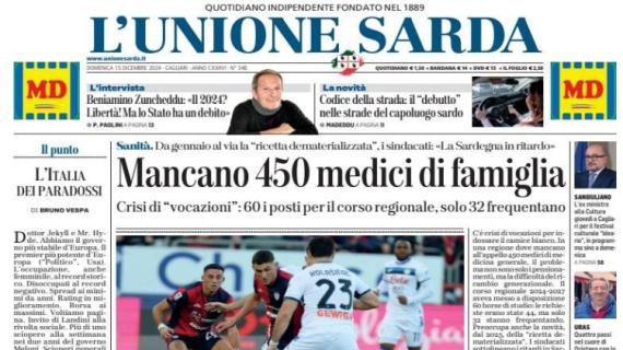 Ko interno contro l'Atalanta, L'Unione Sarda titola: "Cagliari, non basta il cuore"