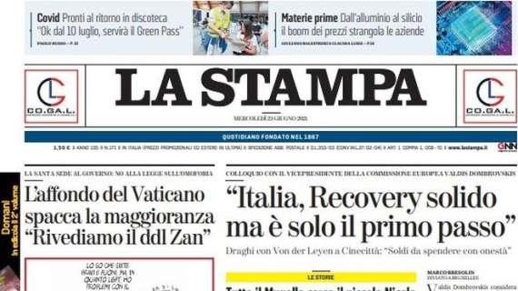 L'apertura odierna de La Stampa su Italia-Austria di sabato: "Leggenda Wembley"