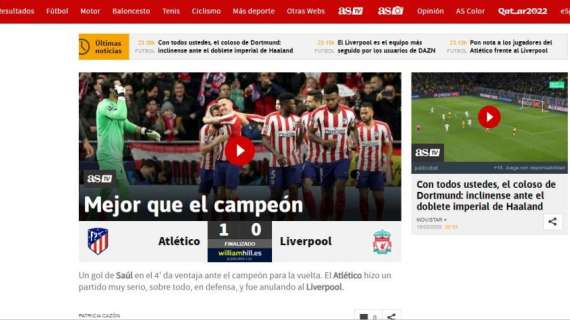 Atletico Madrid-Liverpool 1-0, le aperture in Spagna: "Colchoneros meglio dei campioni"