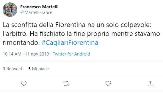Guarda che tweet! Dopo Cagliari-Fiorentina: "L'arbitro frena la rimonta"