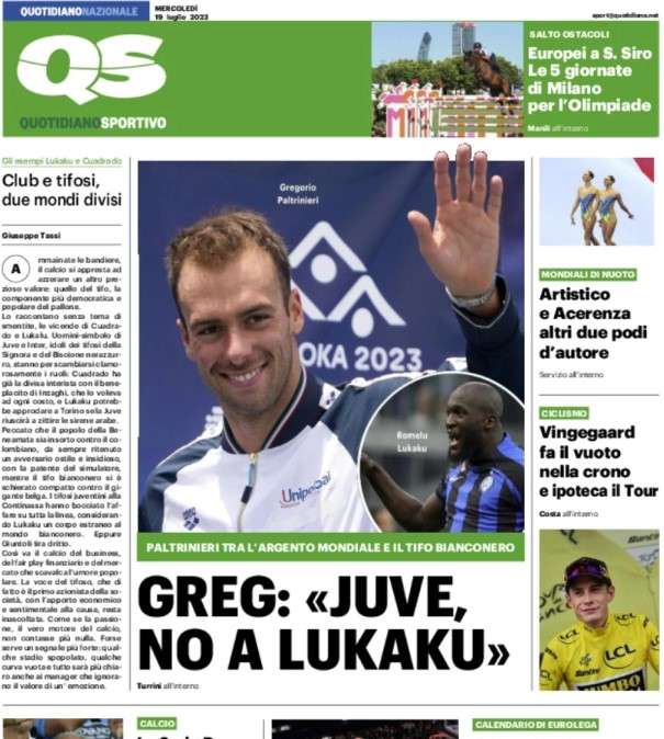 Il QS apre con le parole di Paltrinieri sul mercato bianconero: "Juve, no a Lukaku"