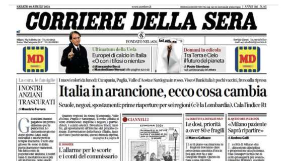 Corriere della Sera: "Ultimatum della Uefa, Europei di calcio in Italia: o con i tifosi o niente"
