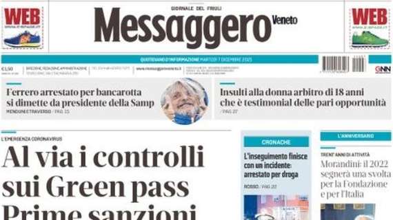 Il Messaggero Veneto oggi in apertura: “L’Udinese si illude poi crolla: l’Empoli vince 3-1”