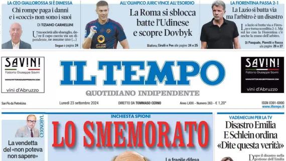 Il Tempo in prima pagina sul successo giallorosso: "La Roma si sblocca e batte l'Udinese"