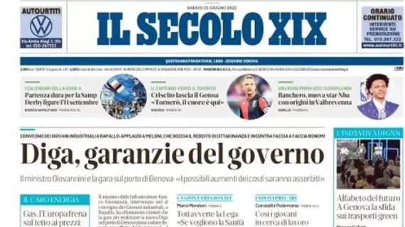 Il Secolo XIX in prima pagina quest'oggi: "Criscito lascia il Genoa: 'Tornerò, il cuore è qui'"