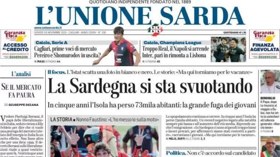 L'Unione Sarda in prima pagina: "Cagliari, Pereiro e Shomurodov in uscita?"