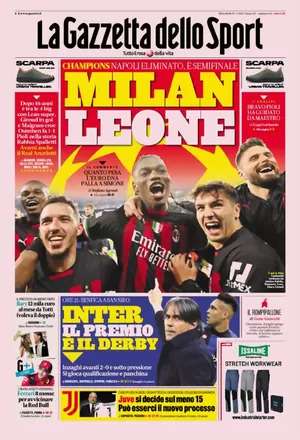 La prima pagina de La Gazzetta dello Sport sui rossoneri avanti in Europa: "Milan leone"