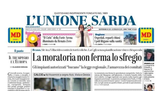 L'Unione Sarda in apertura: "Cagliari, primo test: tre gol alla Primavera"