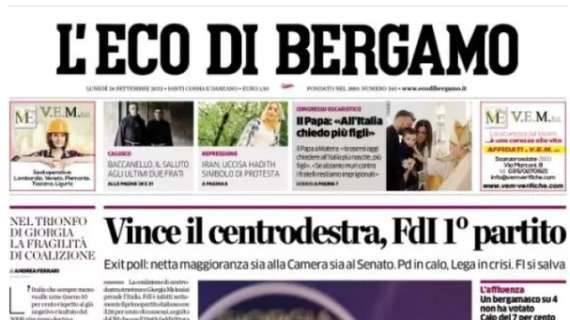 L'Eco di Bergamo in apertura su Gasperini: "Due turni e sarà il tecnico con più partite"