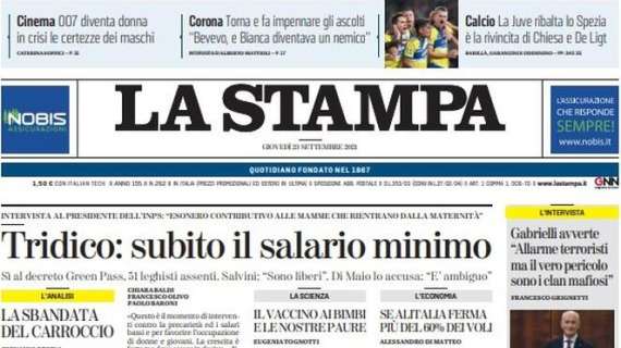 L'apertura de La Stampa: "La Juve ribalta lo Spezia: è la rivincita di Chiesa e de Ligt"